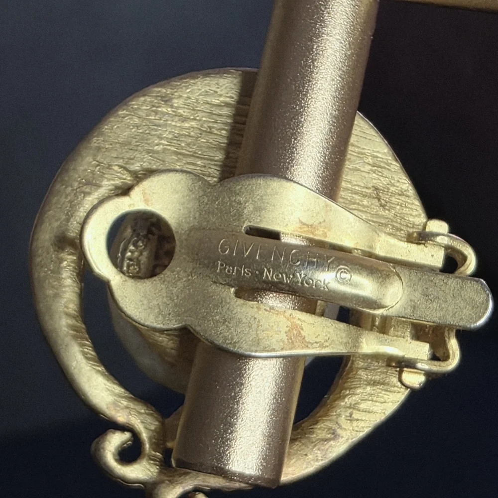 Vintage Givenchy Clip-On Earrings Gold Tone White Cabochon 770 - Picture 6 of 11